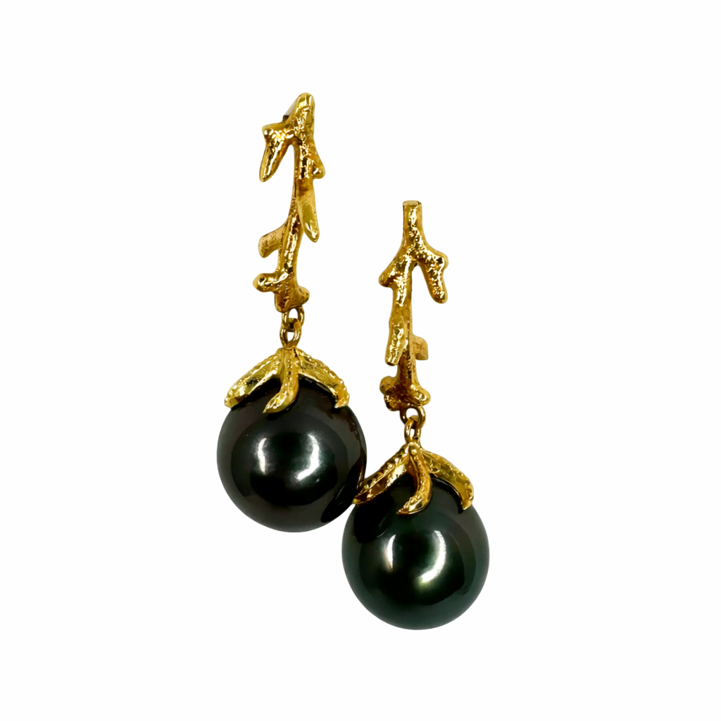 Starfish Live on the Coral Reef Pearl Earrings in 18K Yellow Gold with Tahitian Pearls — Yellow Gold Earrings by Katura