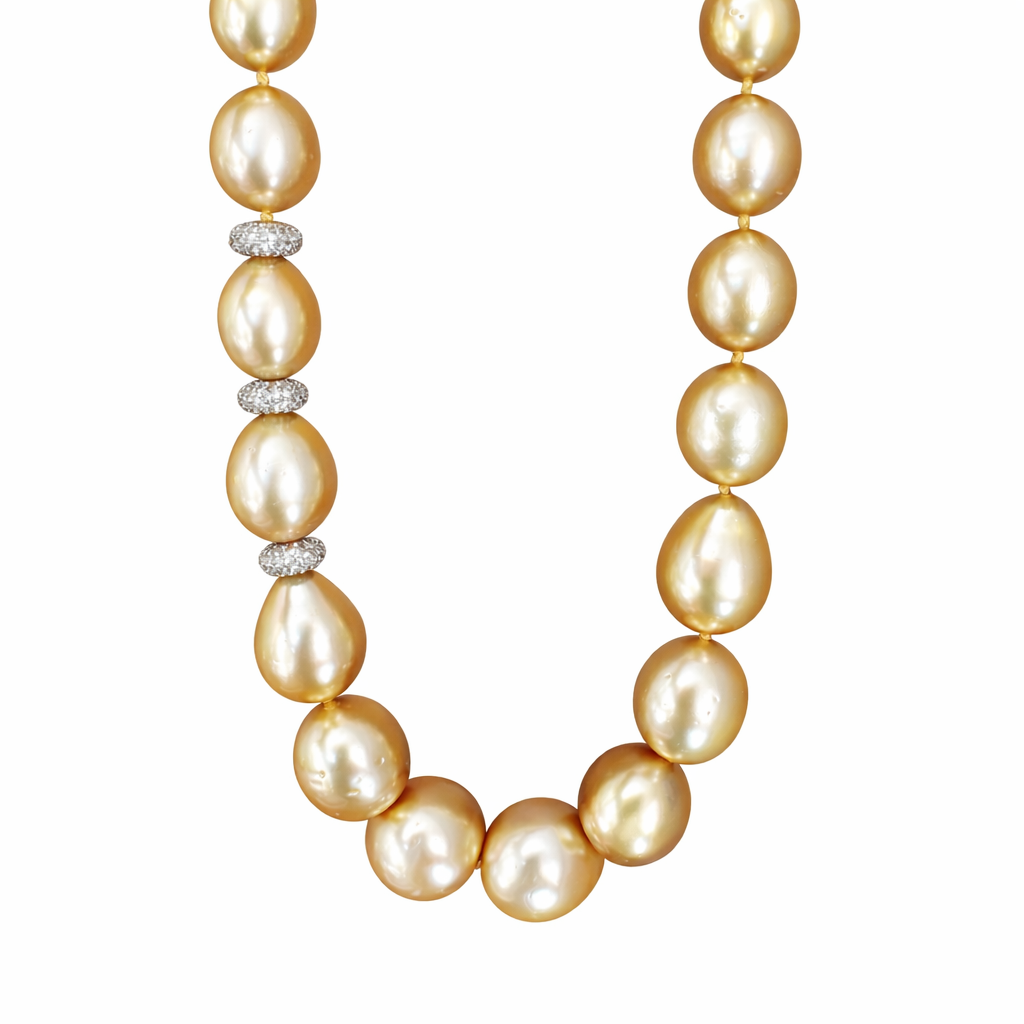 Natural Golden South Seas Pearls with Diamond Stations and Signature Katura Clasp — Necklace by Katura