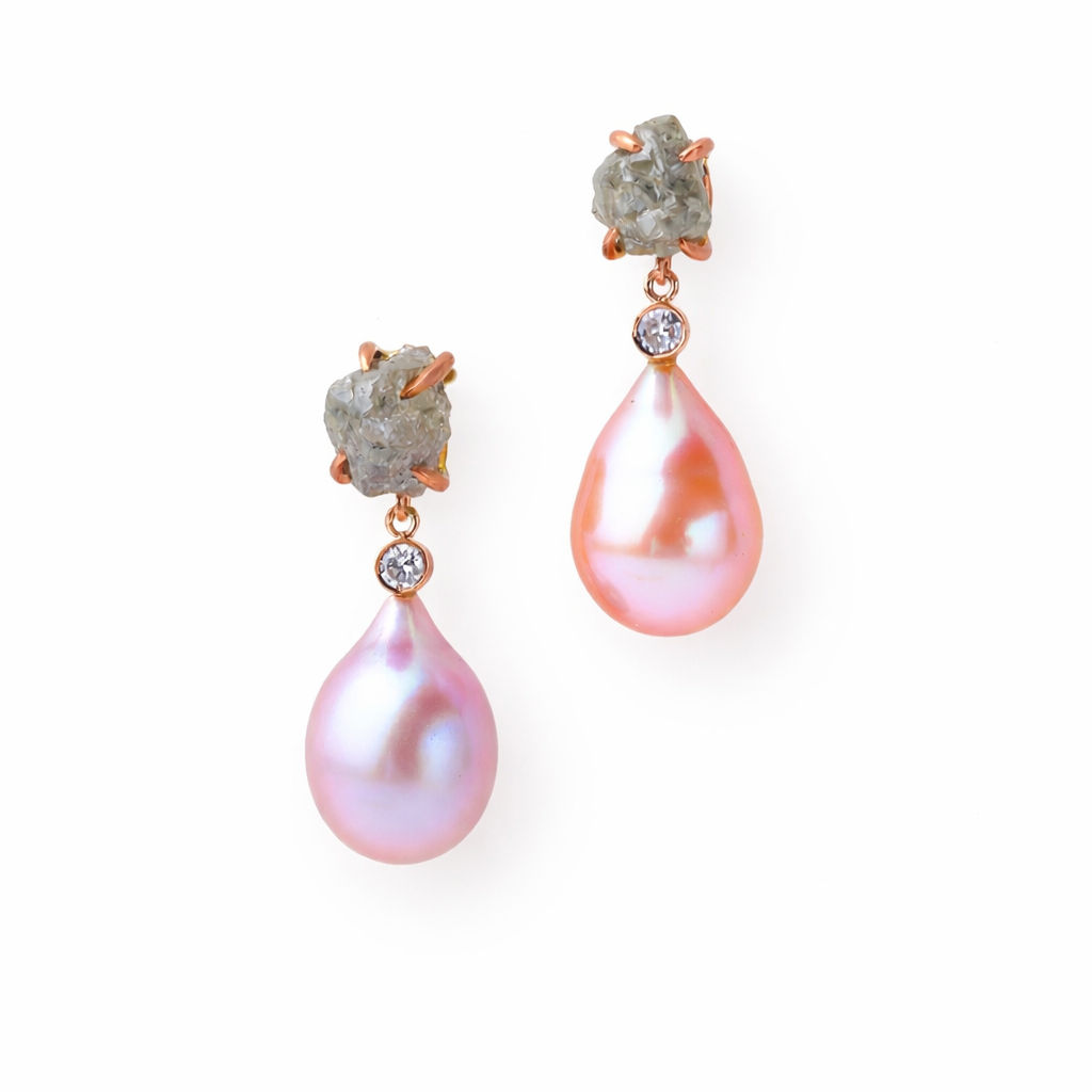Pink & Purple Pearl Earrings with Uncut and Faceted Diamonds — Rose Gold Earrings by Katura