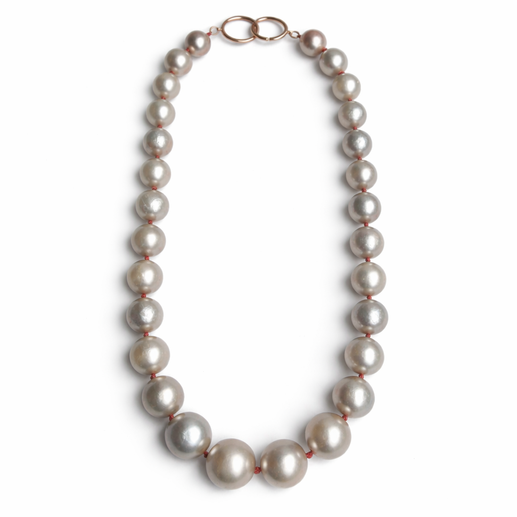 Graduated Cultured Freshwater Pearls on Bright Coral Silk with Katura Signature Clasp — Rose Gold Necklace by Katura