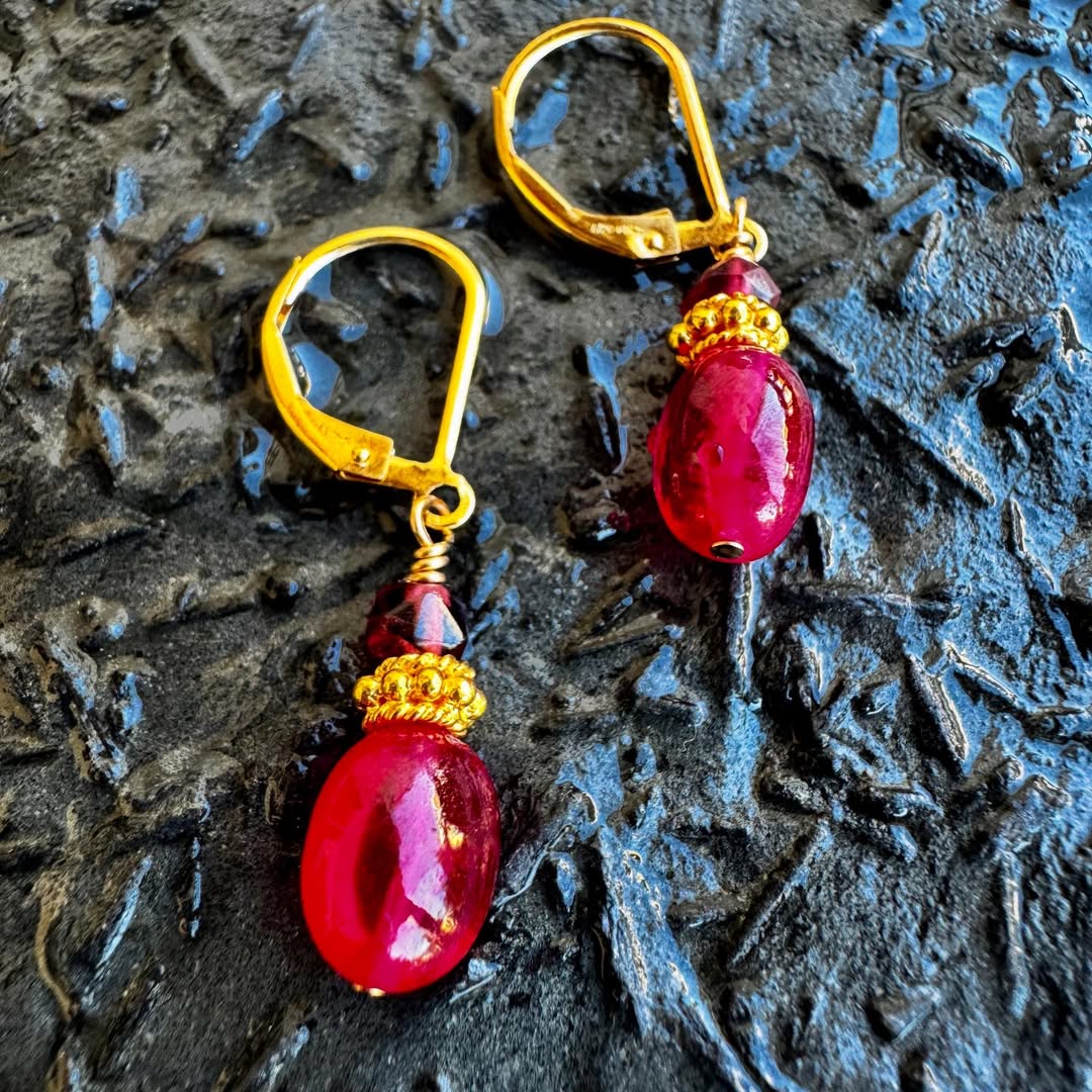 Gemstone Pebble Earrings Topped with Rhodolite — Sterling Silver Earrings by Katura